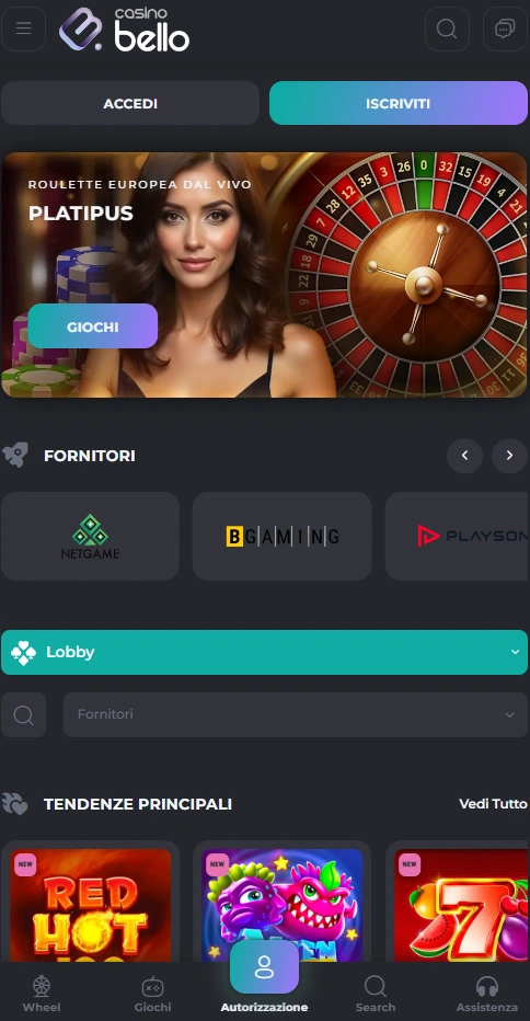 casinobello mobile home page